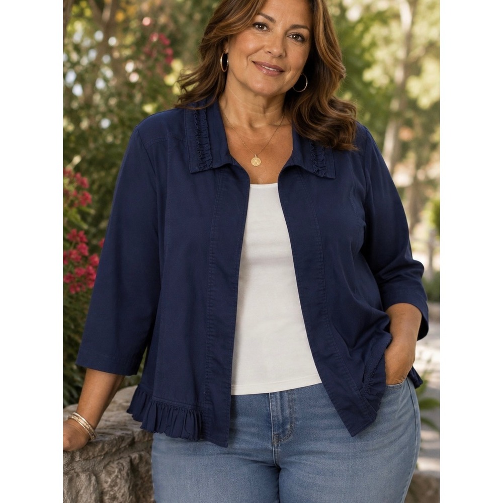 CJ Banks Navy Blue Open Front Ruffle Trim Jacket 2X Plus Size Lightweight Layer